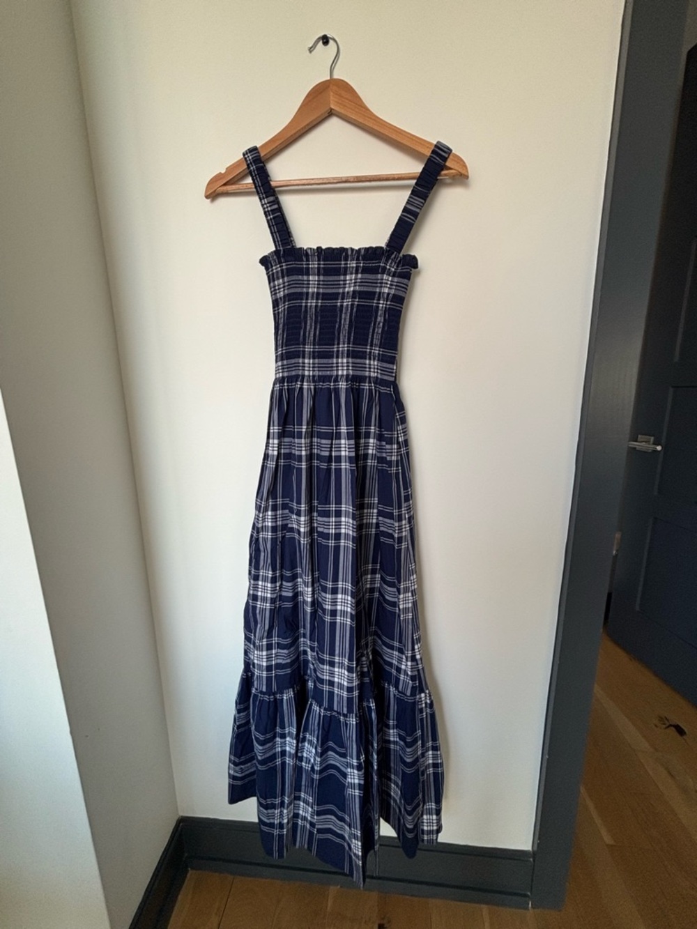 Hill House Anjuli Nap Dress - Smocked Navy Plaid Maxi Size Small